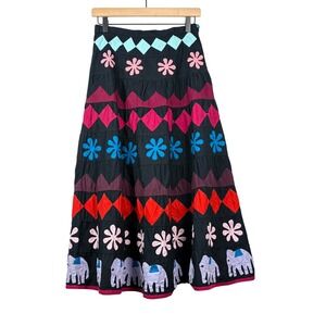 The West Village London Boho Elephant Patchwork Cotton Maxi Skirt Sz S Applique